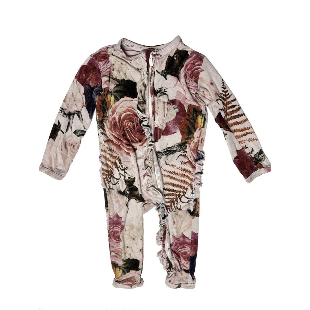 Posh Peanut Floral Fern Rose Pink Ruffled One-Piece Zippy Sleeper 6-9 months